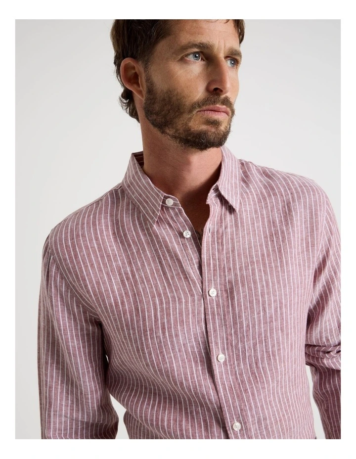 Stripe Long Sleeve Linen Shirt in Rust image 2