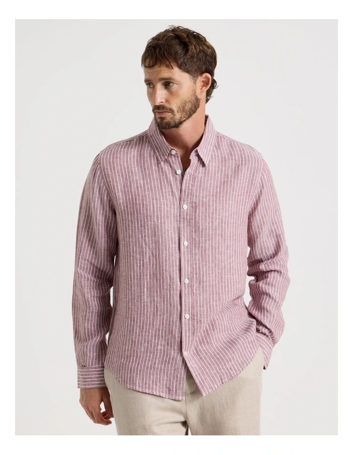 Stripe Long Sleeve Linen Shirt in Rust image 4