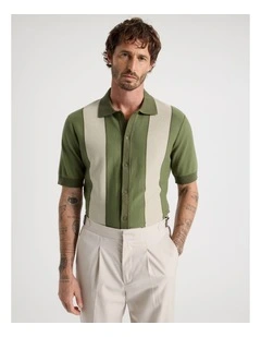 Panelled Knit Short Sleeve Shirt in Olive