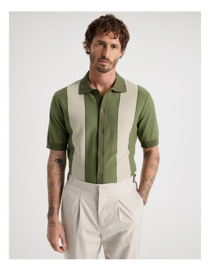 Panelled Knit Short Sleeve Shirt in Olive image 1