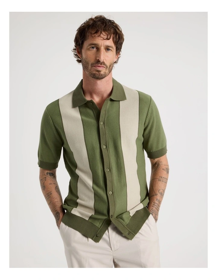 Panelled Knit Short Sleeve Shirt in Olive image 5