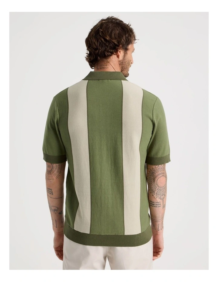 Panelled Knit Short Sleeve Shirt in Olive image 6
