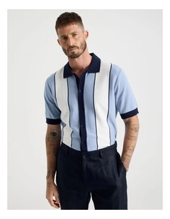 Panelled Knit Short Sleeve Shirt in Blue