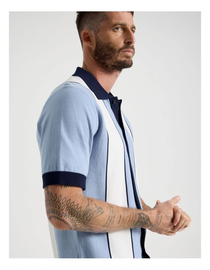 Panelled Knit Short Sleeve Shirt in Blue image 2