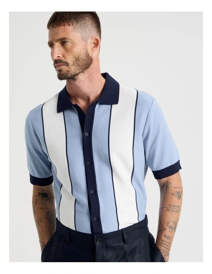 Panelled Knit Short Sleeve Shirt in Blue image 3