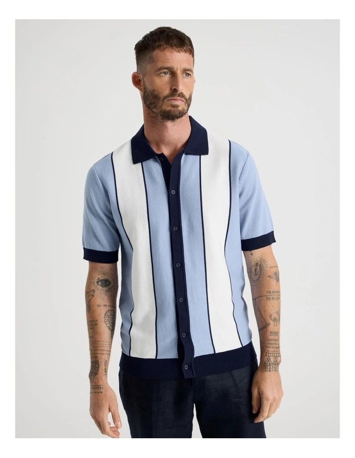 Panelled Knit Short Sleeve Shirt in Blue image 5