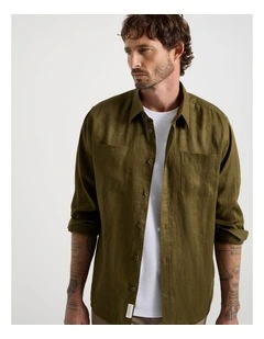 Double Pocket Long Sleeve Linen Shirt in Olive