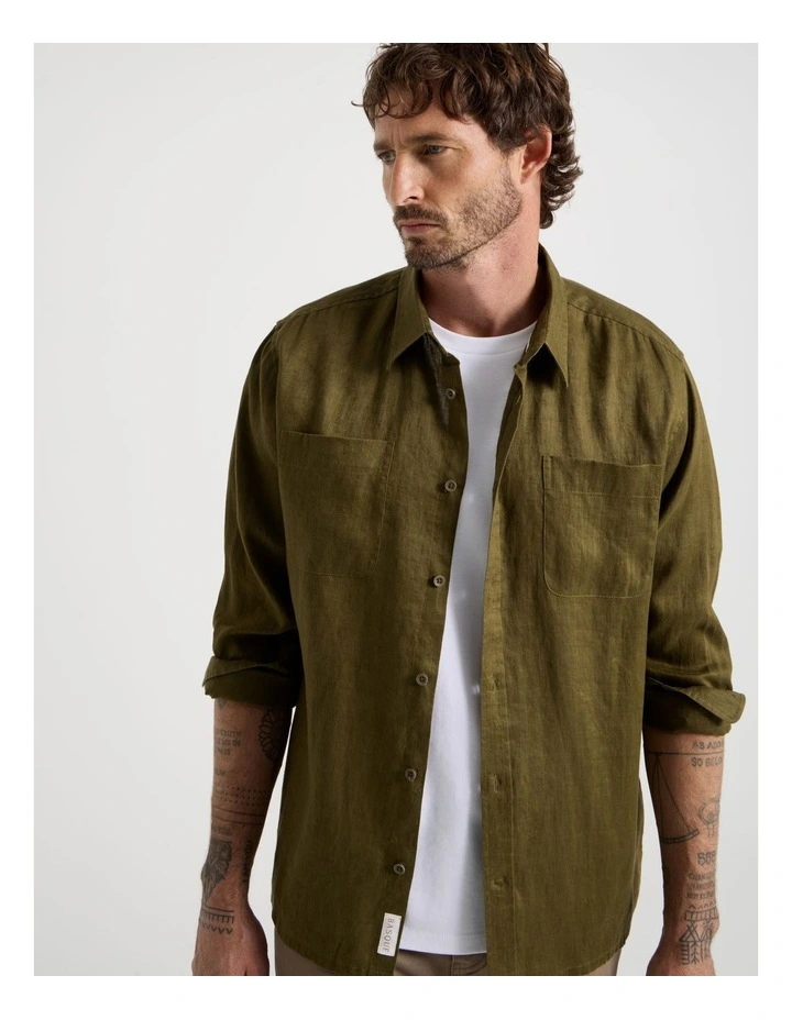 Double Pocket Long Sleeve Linen Shirt in Olive image 1