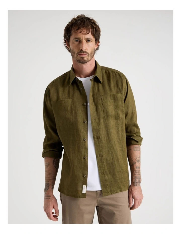 Double Pocket Long Sleeve Linen Shirt in Olive image 2