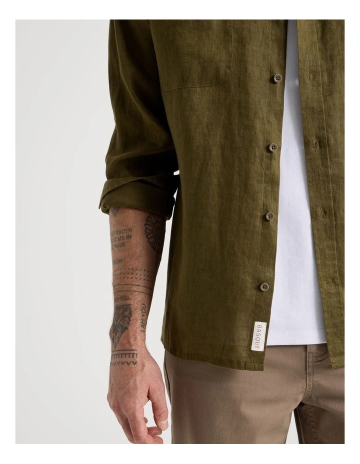 Double Pocket Long Sleeve Linen Shirt in Olive image 3