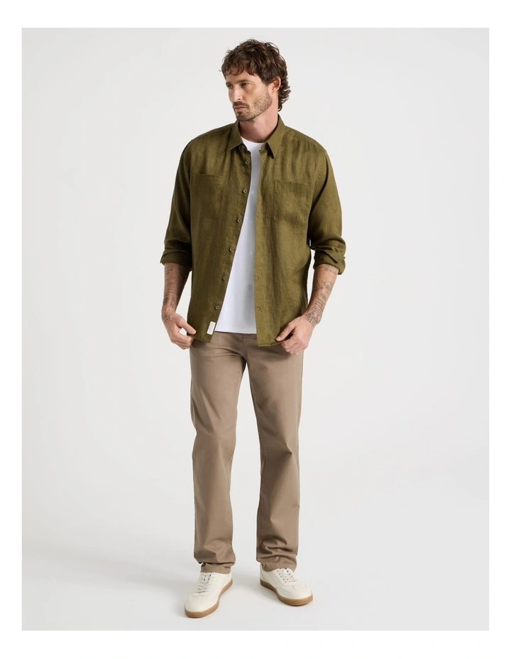 Double Pocket Long Sleeve Linen Shirt in Olive image 4