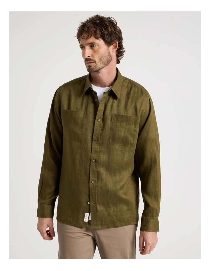 Double Pocket Long Sleeve Linen Shirt in Olive image 5