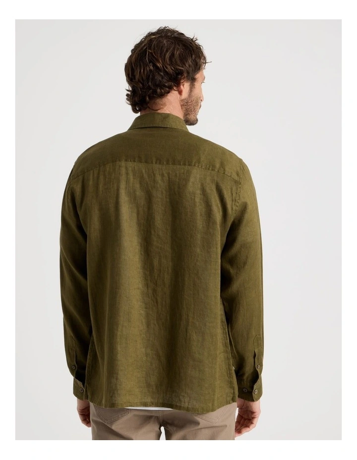 Double Pocket Long Sleeve Linen Shirt in Olive image 6