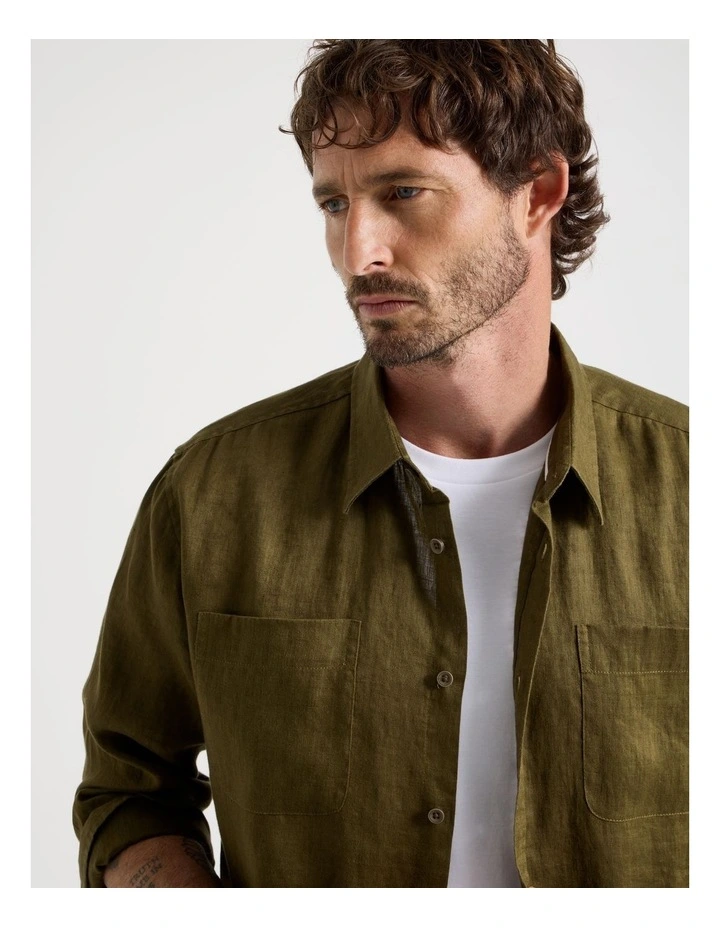 Double Pocket Long Sleeve Linen Shirt in Olive image 7