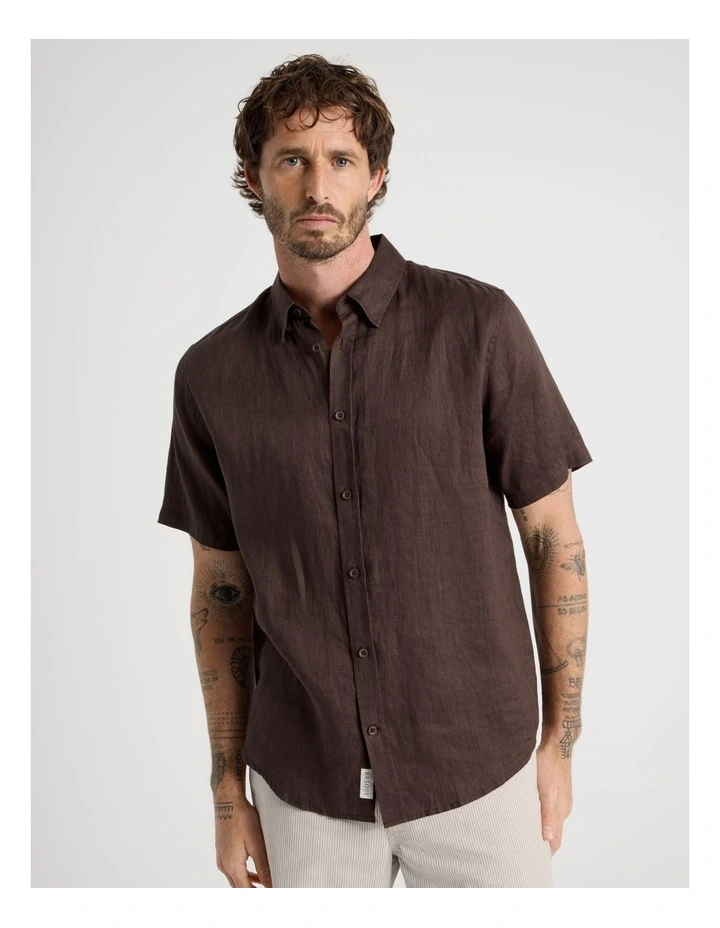 Short Sleeve Linen Shirt in Seal Brown image 5