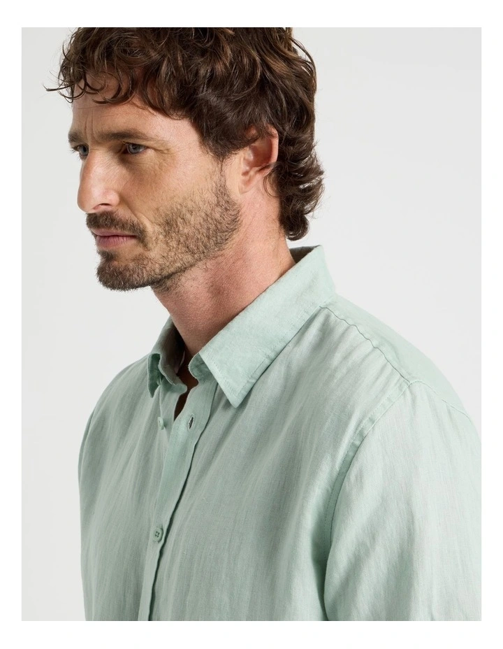 Short Sleeve Linen Shirt in Aqua Foam image 7