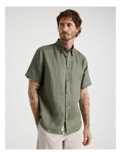 Short Sleeve Linen Shirt in Dusty Olive