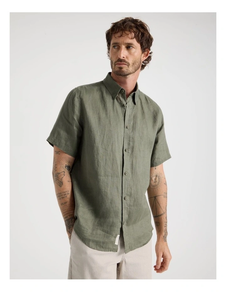 Short Sleeve Linen Shirt in Dusty Olive image 1