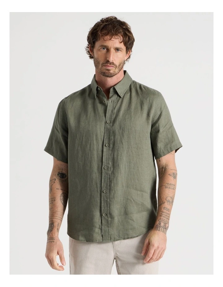 Short Sleeve Linen Shirt in Dusty Olive image 3