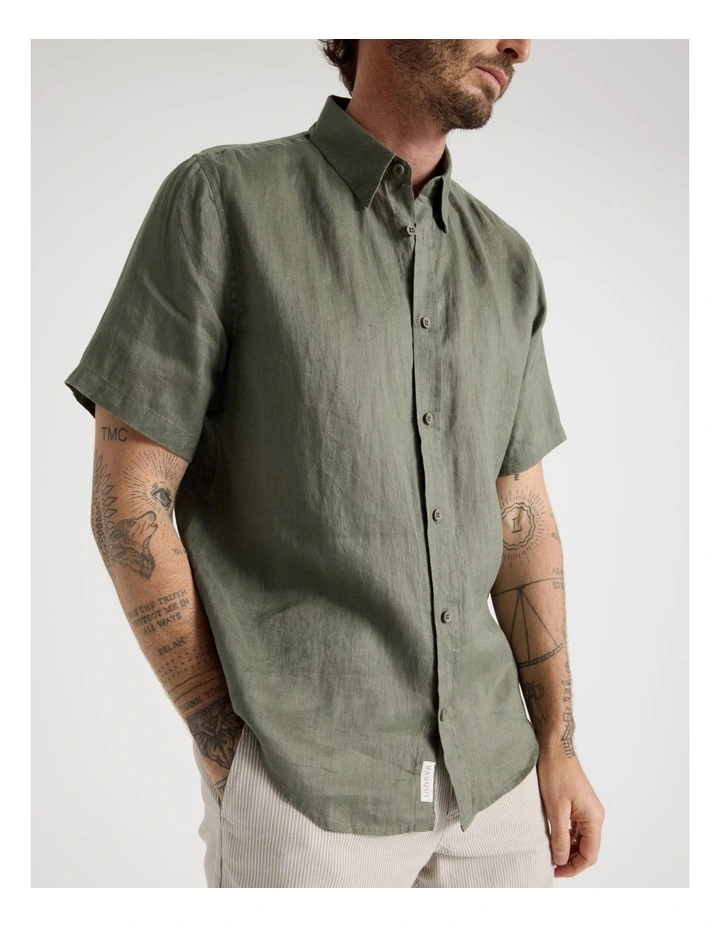 Short Sleeve Linen Shirt in Dusty Olive image 4