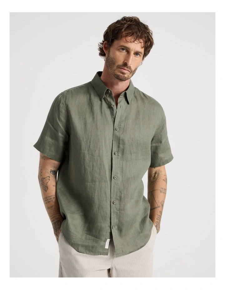 Short Sleeve Linen Shirt in Dusty Olive image 5