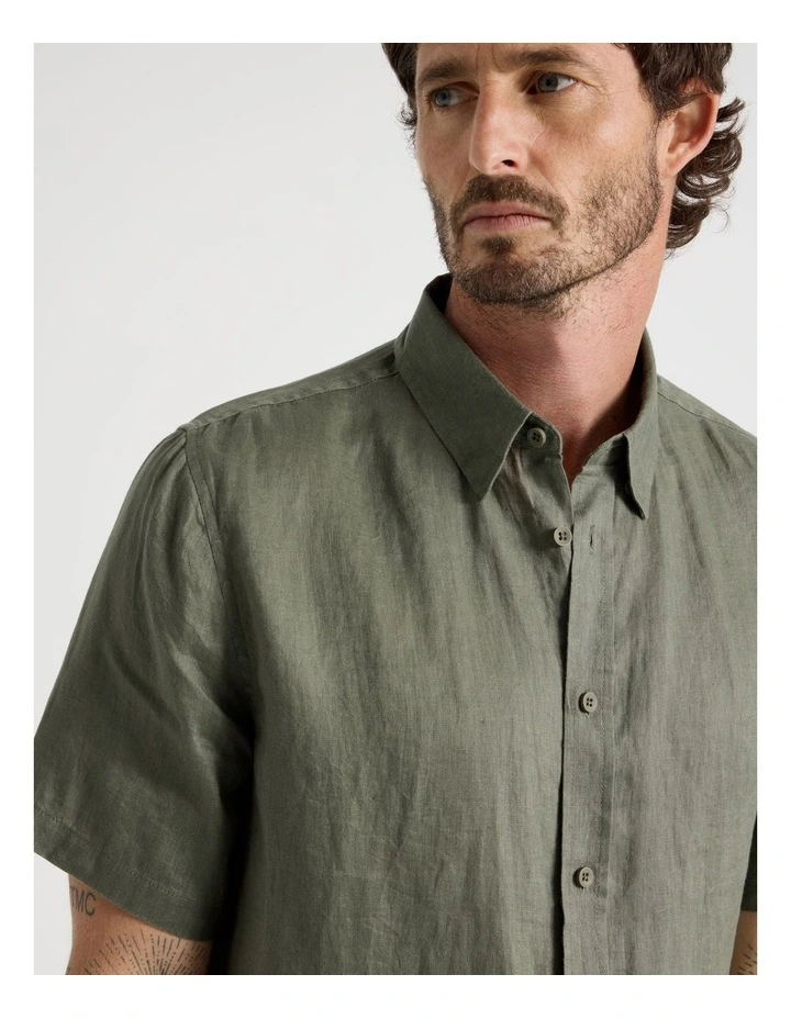 Short Sleeve Linen Shirt in Dusty Olive image 7