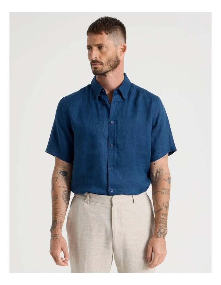 Short Sleeve Linen Shirt in Navy Peony image 1