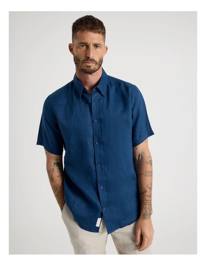 Short Sleeve Linen Shirt in Navy Peony image 4