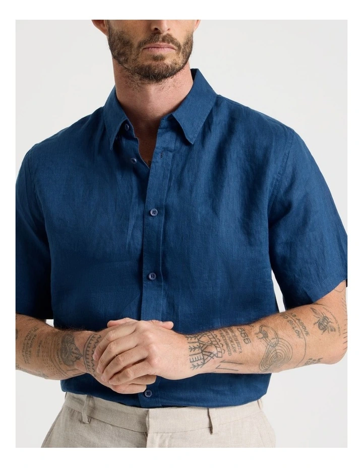 Short Sleeve Linen Shirt in Navy Peony image 7