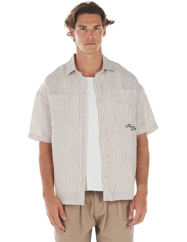 Theo Short Sleeve Shirt in Beige/Bone Stripe image 1