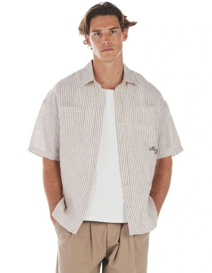 Theo Short Sleeve Shirt in Beige/Bone Stripe image 4