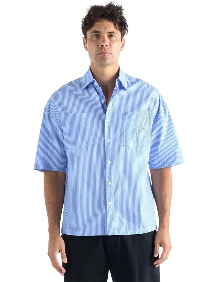 Classic Short Sleeve Shirt in Blue/White Stripe image 1