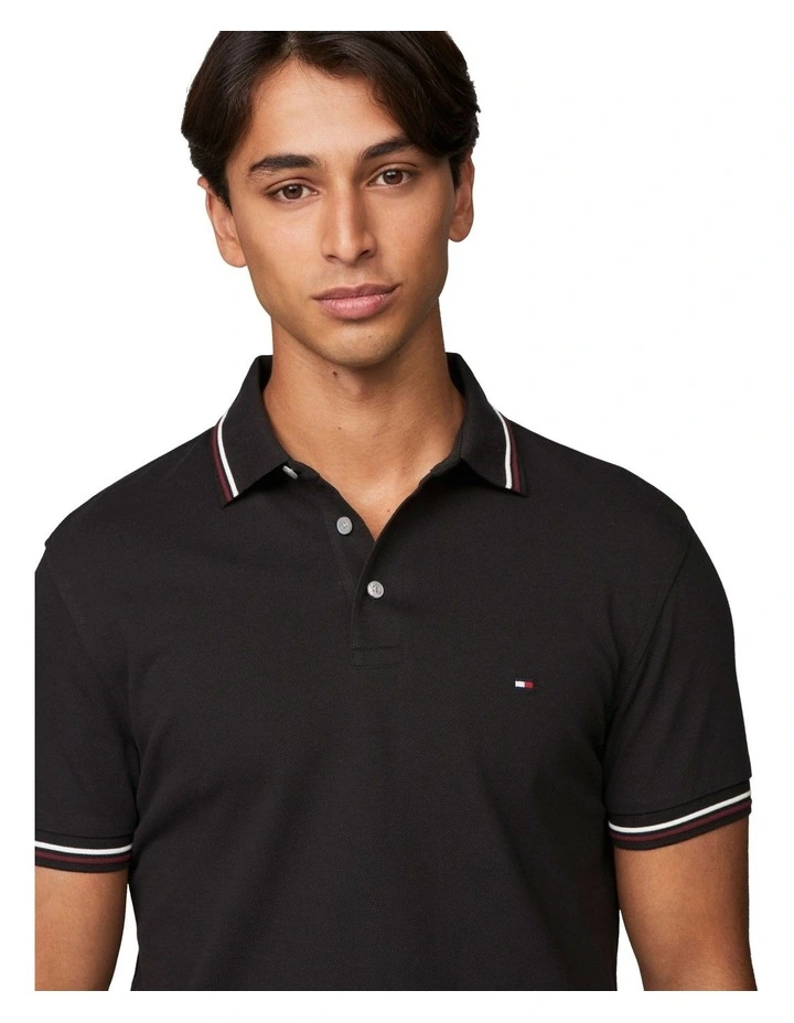 Tipped Slim Fit Polo Shirt in Black image 3