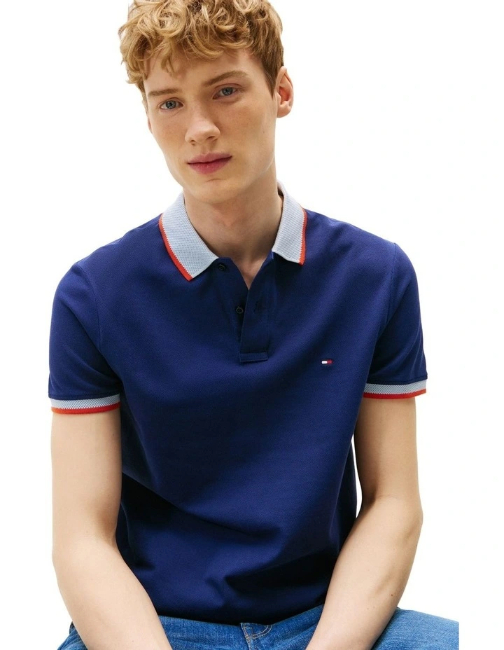 Contrast Knit Collar Polo Shirt in Blue image 3