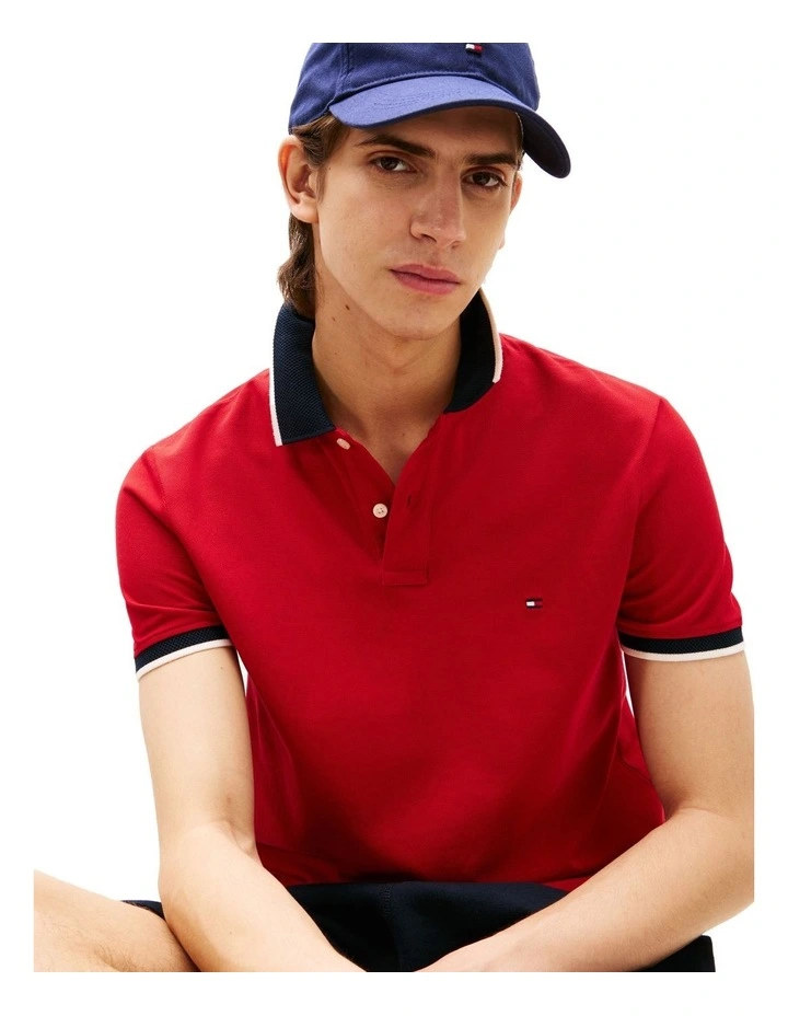 Contrast Knit Collar Polo Shirt in Red image 3