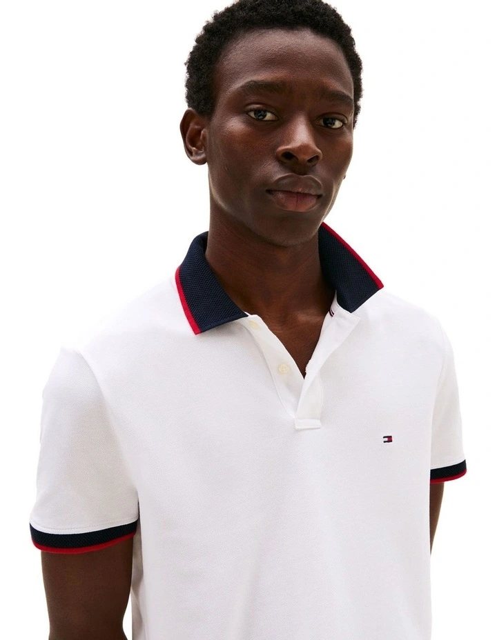 Contrast Knit Collar Polo Shirt in White image 3