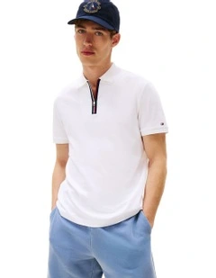 Regular Signature Zip Placket Polo Shirt in White
