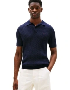 Regular Fit Cable Knit Polo Shirt in Blue