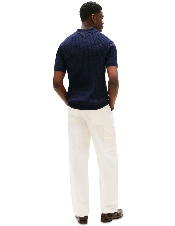 Regular Fit Cable Knit Polo Shirt in Blue image 2