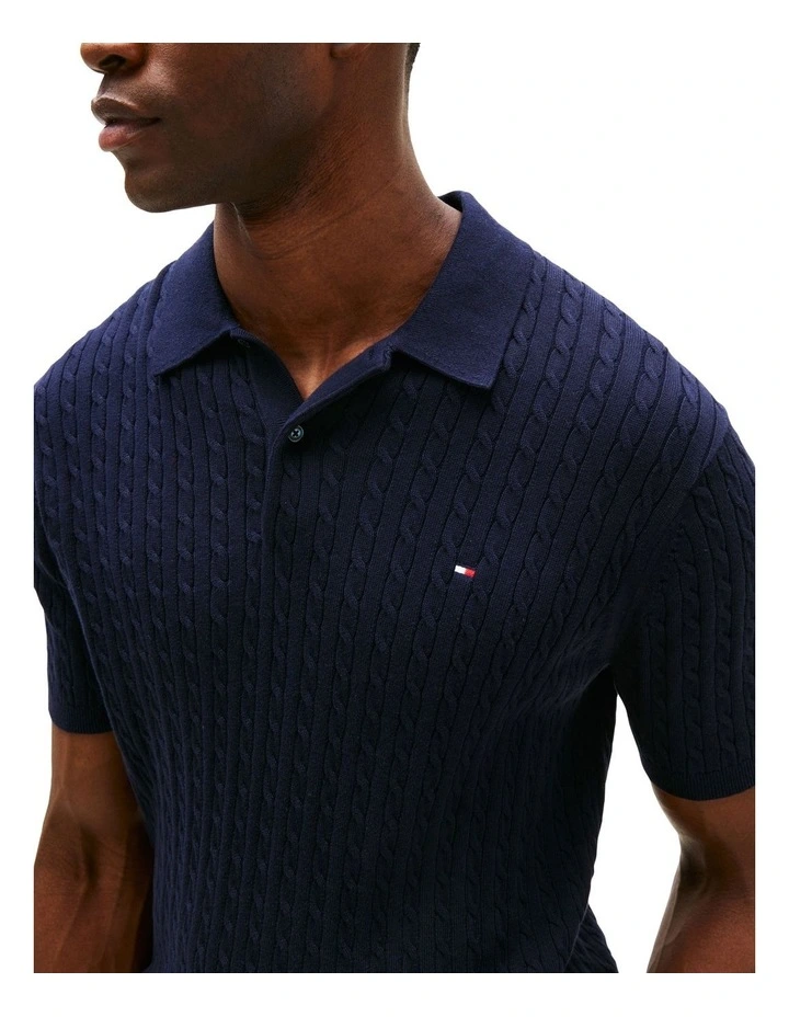 Regular Fit Cable Knit Polo Shirt in Blue image 3