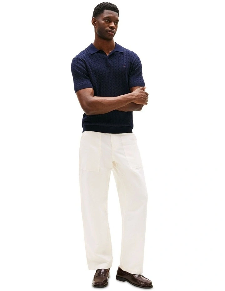 Regular Fit Cable Knit Polo Shirt in Blue image 4