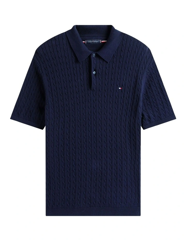 Regular Fit Cable Knit Polo Shirt in Blue image 5