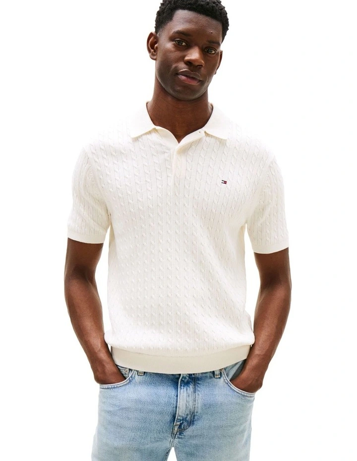 Regular Fit Cable Knit Polo Shirt in Cream image 1