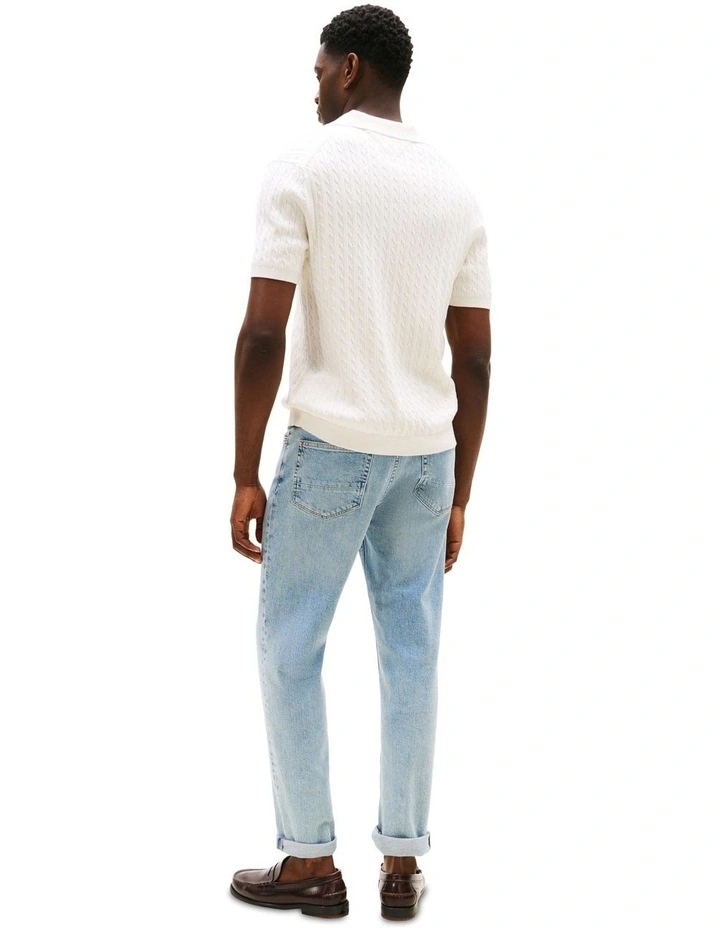 Regular Fit Cable Knit Polo Shirt in Cream image 2