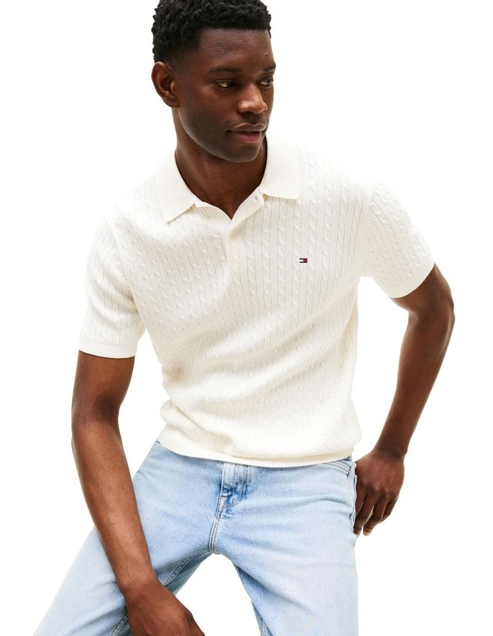Regular Fit Cable Knit Polo Shirt in Cream image 3