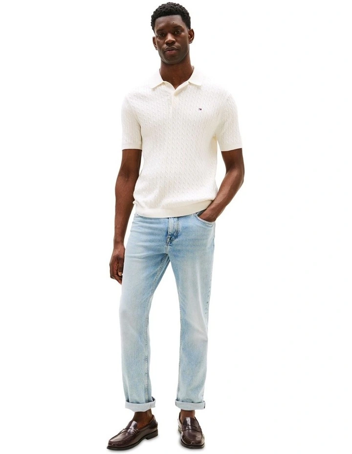 Regular Fit Cable Knit Polo Shirt in Cream image 4