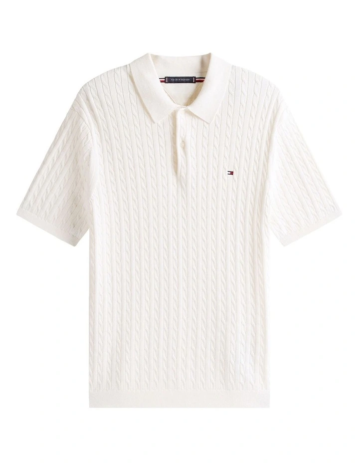 Regular Fit Cable Knit Polo Shirt in Cream image 5