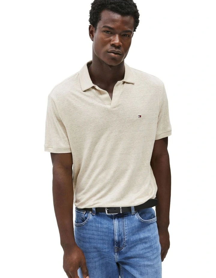 Regular Fit Linen Polo Shirt in Beige image 1