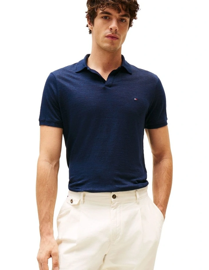 Regular Fit Linen Polo Shirt in Blue image 1