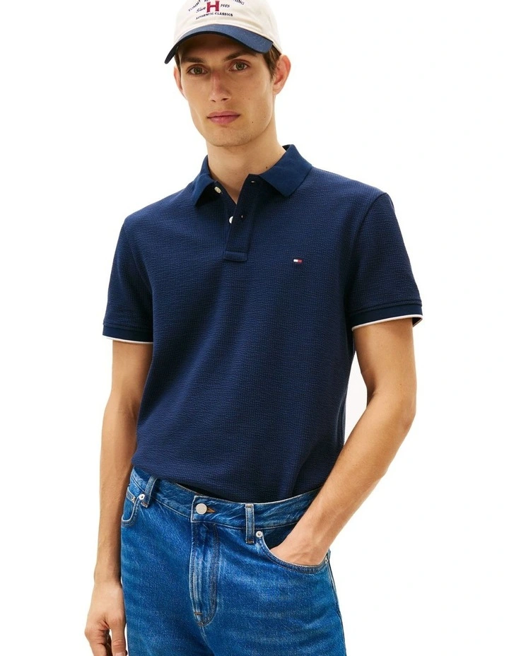 Seersucker Polo Shirt in Navy image 1